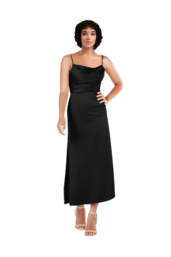 Cowl Neck Tea-Length Short Silky Satin Cocktail Evening Dress with Skirt Slit