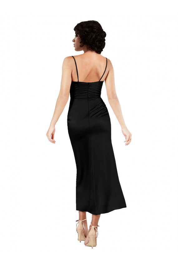 Cowl Neck Tea-Length Short Silky Satin Cocktail Evening Dress with Skirt Slit