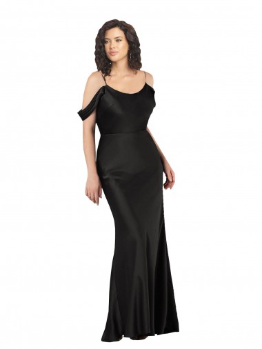 Off the Shoulder Sleeves Silky Satin Evening Dress with Skirt Slit