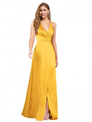 Halter A-Line Silky Satin Evening Dress with V-Neckline and Slit