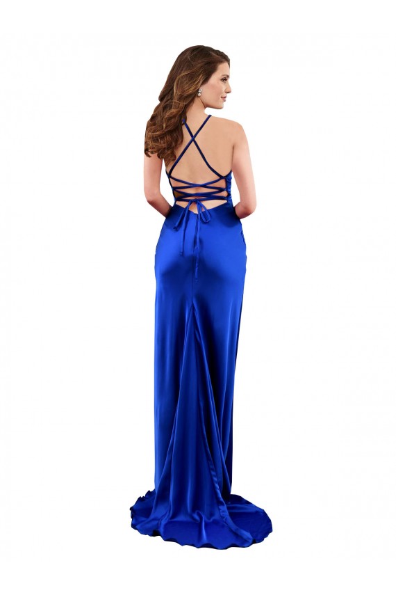Open Back Cowl Neck Long Silky Satin Evening Dress