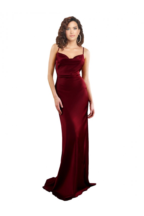 Cowl Neck Long Criss Cross Open Back Silky Satin Evening Dress