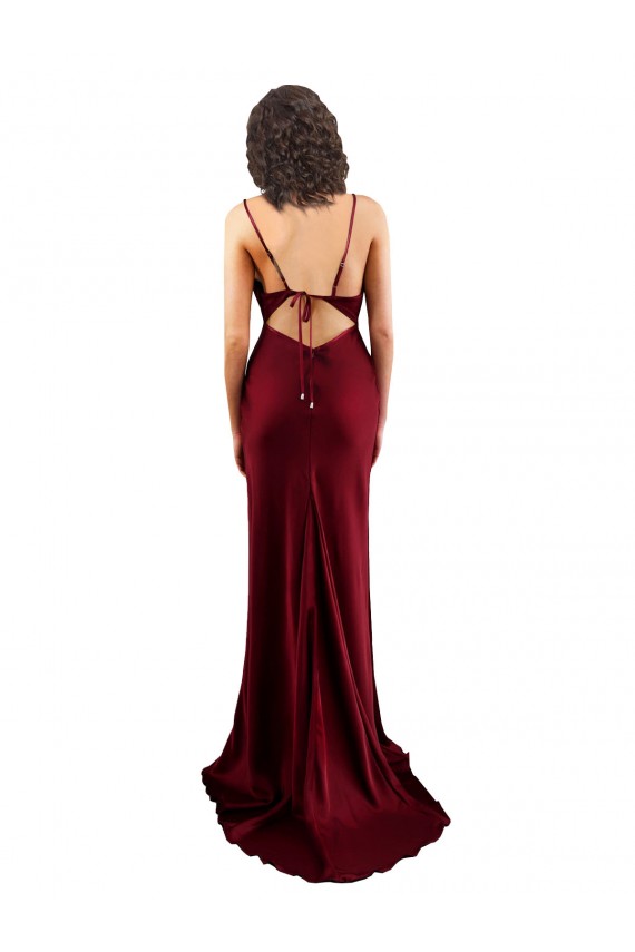 Cowl Neck Long Criss Cross Open Back Silky Satin Evening Dress