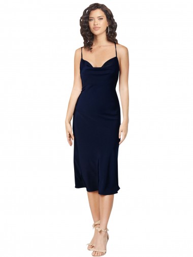 Short Midi Length Silky Satin Cocktail Evening Dress with Cowl Neck and Cross Back Straps