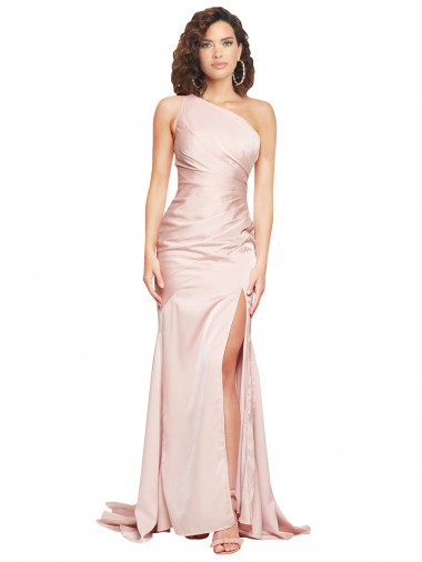 Full Length One Shoulder Long Silky Satin Evening Dress with High Split