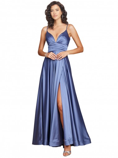 Deep V-Neck Sweetheart Long Silky Satin Evening Dress with Thigh High Slit