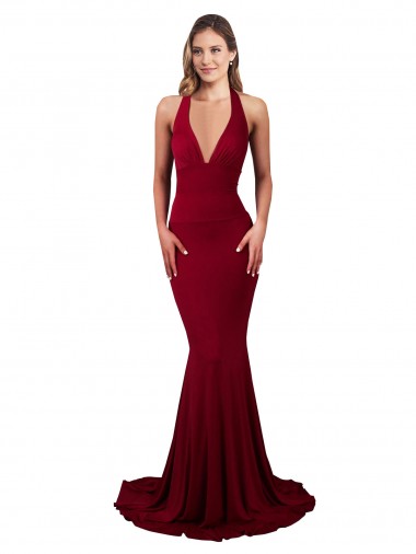Halter Mermaid Plunge V-Neckline Open Back Bow Tie Spandex Evening Dress