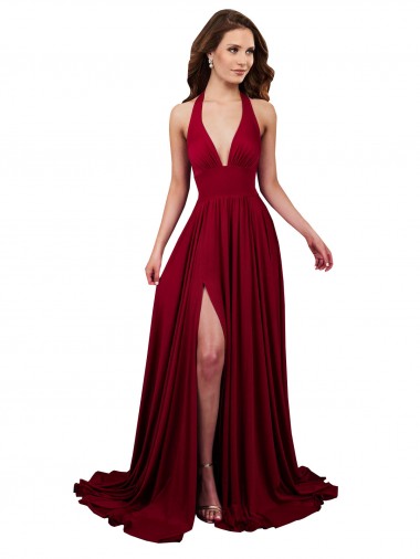 A-Line Halter Plunge V-Neckline Open Back Spandex Evening Dress with Slit