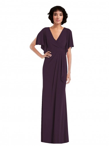 Faux Wrap Split Sleeves Maxi Spandex Evening Dress with Cascade Skirt