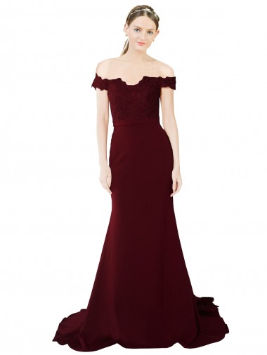 Full Length Off the Shoulder Crepe Evening Dress with Lace On Bodice and Back