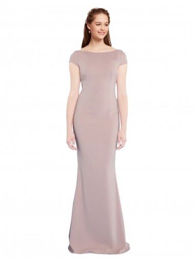 Boat Neck Cap Sleeve Crepe Evening Dress with Plunging Tie Back