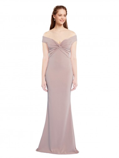 Knotted Off the Shoulder Crepe Evening Dress with Cut-Out Back