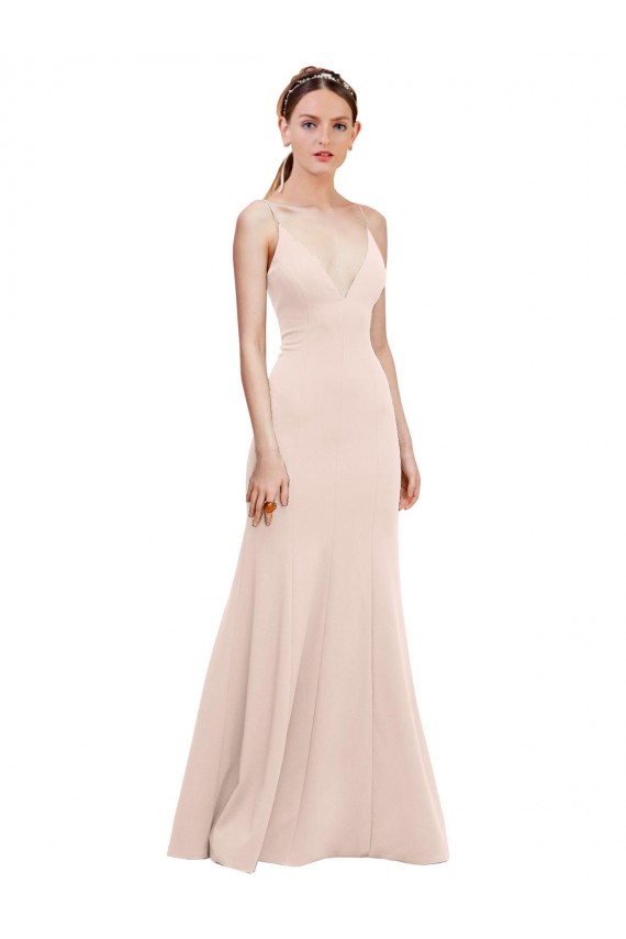 Deep V-Neck and Back Long Crepe Evening Dress