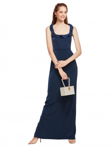 Scoop Neck with Ruffles Long Crepe Evening Dress with Back Slit