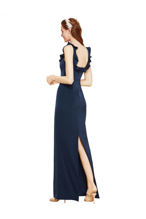 Scoop Neck with Ruffles Long Crepe Evening Dress with Back Slit