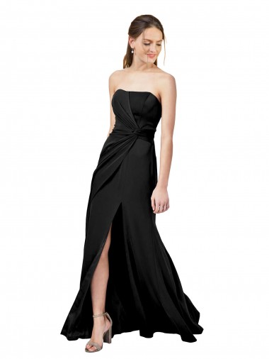 Strapless Fit and Flare Long Crepe Evening Dress with Knot and Slit