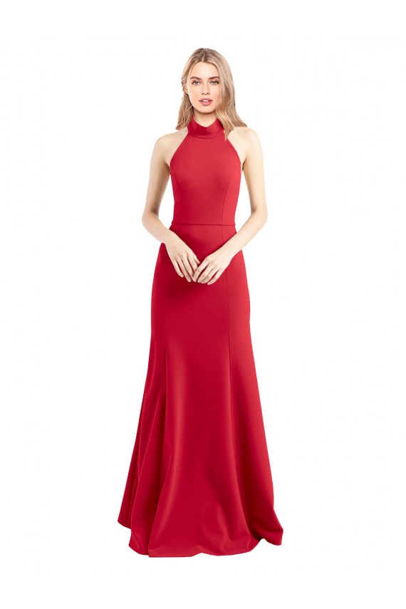Sleek Fit and Flare High Neck Halter Stretch Crepe Evening Dress with Open Back