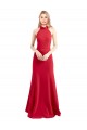 Sleek Fit and Flare High Neck Halter Stretch Crepe Evening Dress with Open Back