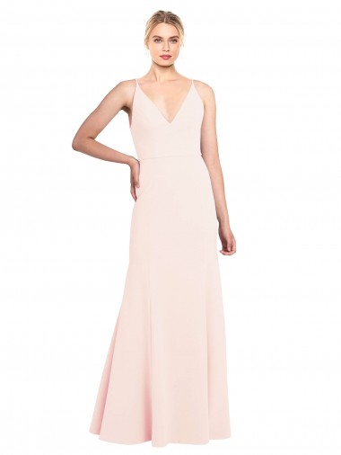 Slim A-Line V-Neck Long Stretch Crepe Evening Dress with V-Back