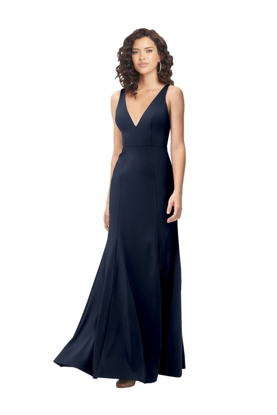 Classic V-Neck Long Stretch Crepe Evening Dress with V-Back