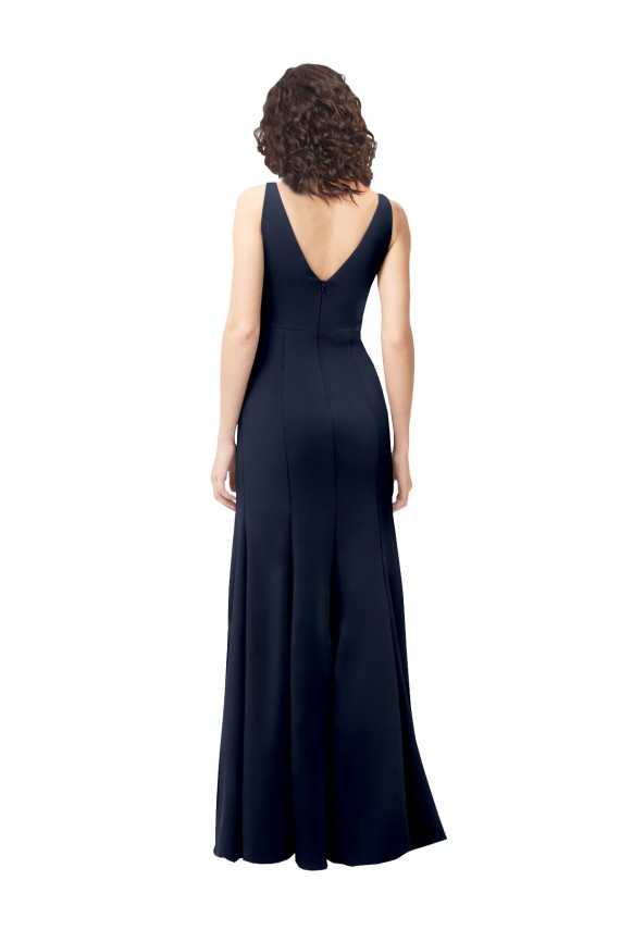 Classic V-Neck Long Stretch Crepe Evening Dress with V-Back