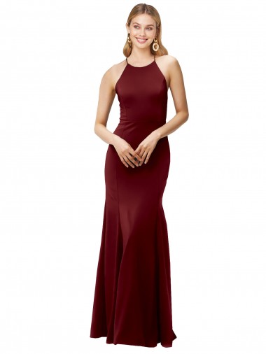 Fit and Flare Halter Neckline Stretch Crepe Evening Dress with Strappy Back