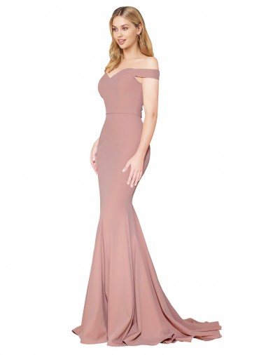 Off the Shoulder Sweetheart Long Sweep Train Crepe Evening Dress