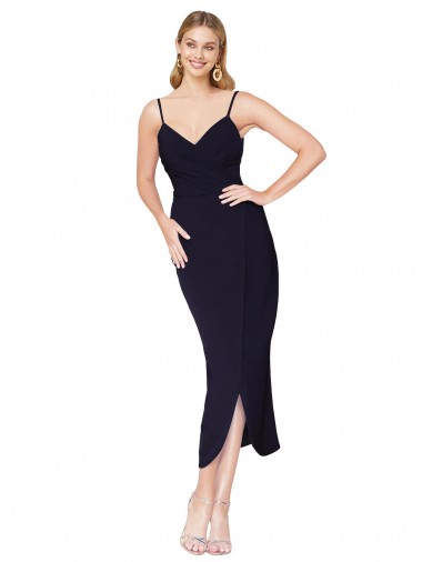 High Neck Spaghetti Straps Crepe Short Wrap Cocktail Evening Dress