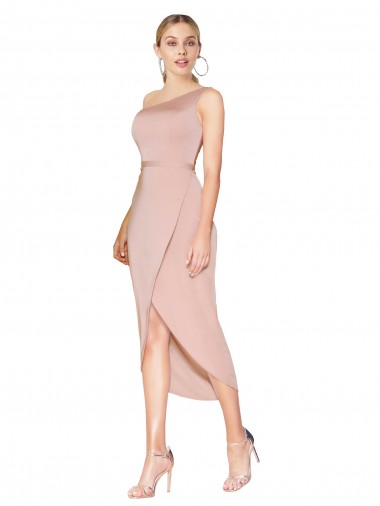 Knee Length One Shoulder Crepe Short Wrap Cocktail Evening Dress
