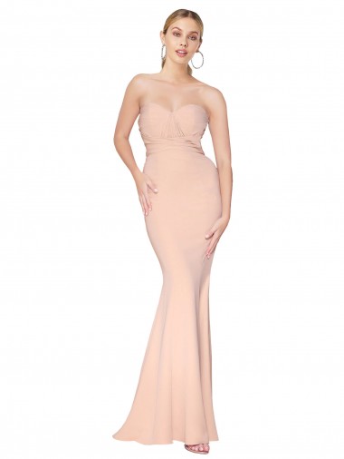 Sweetheart Shirred Neck Long Floor Length Crepe Evening Dress