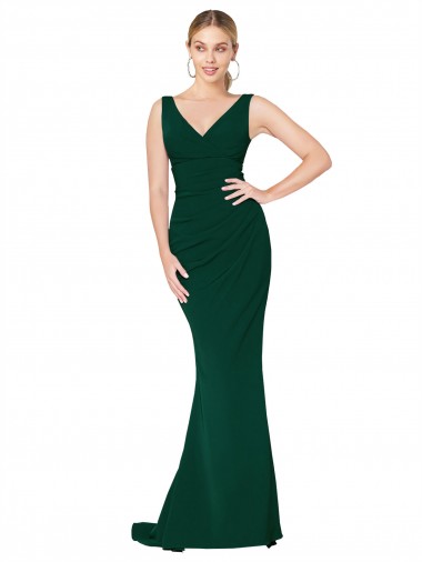 V-Neck Floor Length Long Crepe Mermaid Evening Dress