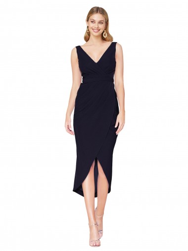 Short Knee Length V-Neck Crepe Cocktail Wrap Cocktail Evening Dress