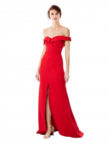 Off the Shoulder Chapel Train Crepe Evening Dress with Thigh-High slit