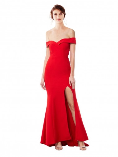 Off the Shoulder Sweetheart Maxi Crepe Evening Dress With Thigh Split and Train