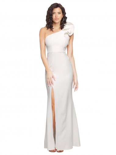 One Shoulder Long Full Length Crepe Evening Dress with Ruffles and Side Split