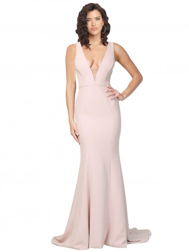 Deep Plunging V-Neckline Full Length Crepe Evening Dress with Deep V-Backline