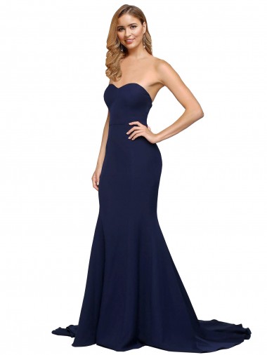 Fit and Flare Sweetheart Long Crepe Evening Dress with Sweep Train
