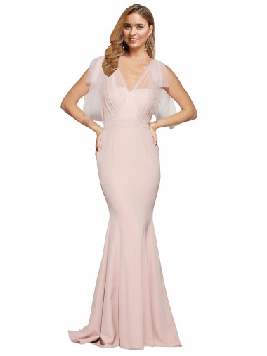 Double Bow Full Length Sweetheart Crepe Evening Dress with Tulle Overlay