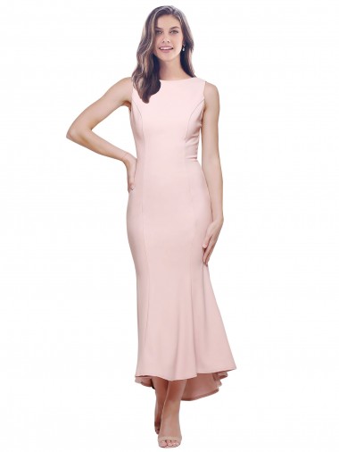 High Neck Low V-Back Midi Length Crepe Cocktail Evening Dress