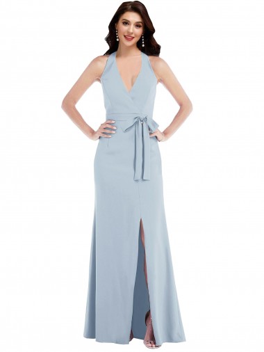 Open Back Halter Maxi Crepe Evening Dress with Draped Bow