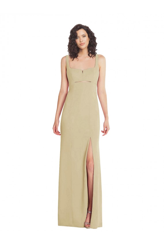 Wide Strap Slash Cutout Empire Crepe Evening Dress with Front Slit