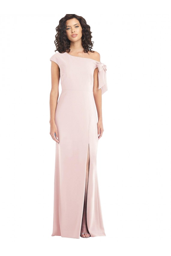 Off the Shoulder Tie Detail Trumpet Crepe Evening Dress with Front Slit