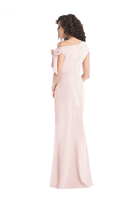Off the Shoulder Tie Detail Trumpet Crepe Evening Dress with Front Slit
