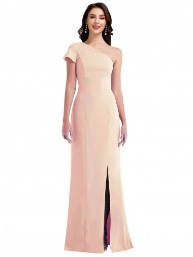 One Shoulder Cap Sleeves Trumpet Crepe Evening Dress with Front Slit