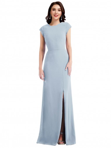 Cap Sleeve Open Back Trumpet Crepe Evening Dress with Front Slit