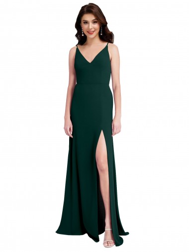 Slim A-Line V-Neck Full Length Crepe Evening Dress with Side Slit