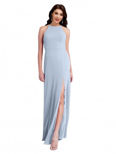 Fit and Flare High Neck Crepe Evening Dress with Side Slit