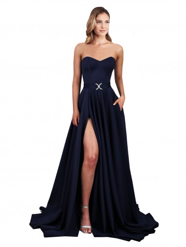 Sweetheart Neckline Low Back Long Crepe Evening Dress with High Leg Spit & Pockets