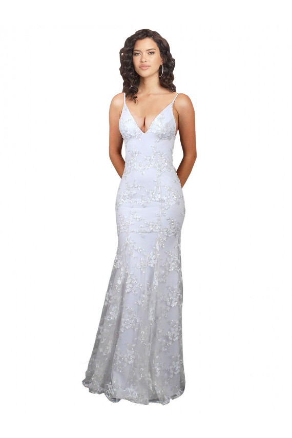 V-Neckline Backless Floral Patterned Sequin Evening Dress