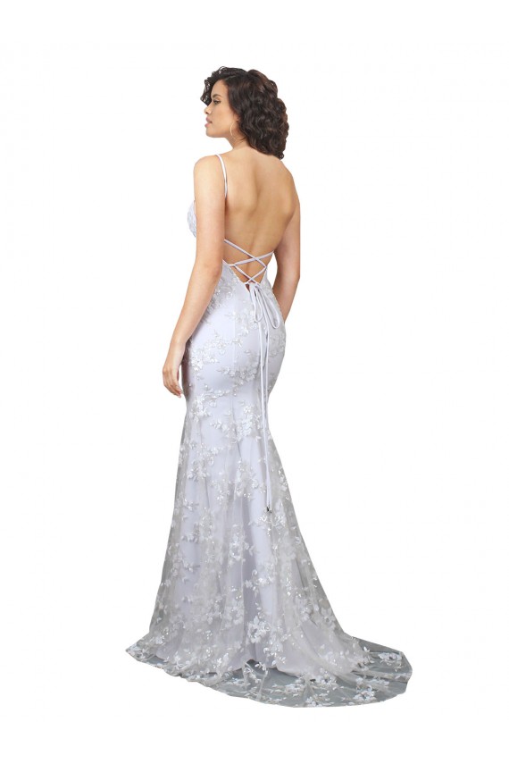 V-Neckline Backless Floral Patterned Sequin Evening Dress